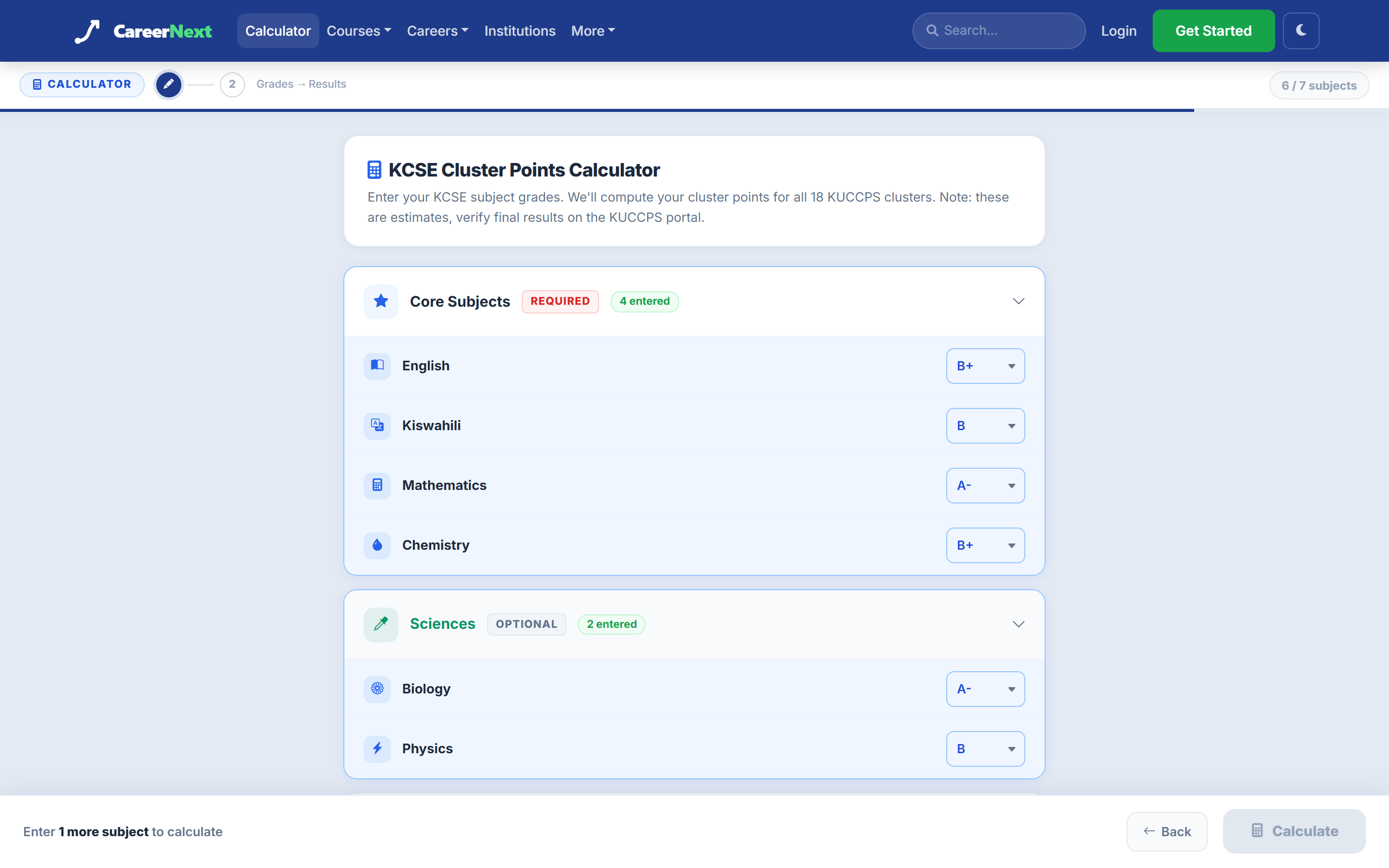 CareerNext's KCSE cluster points calculator, with example grades entered.